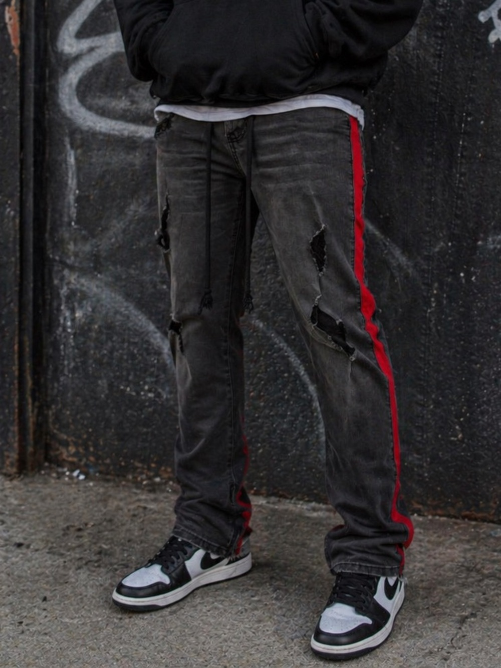 Fashion Nova Men's Charcoal Distressed Chinos with Red Side Stripe